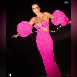 PatBO Hot Pink Textured Midi Dress with Dramatic Puff Sleeves